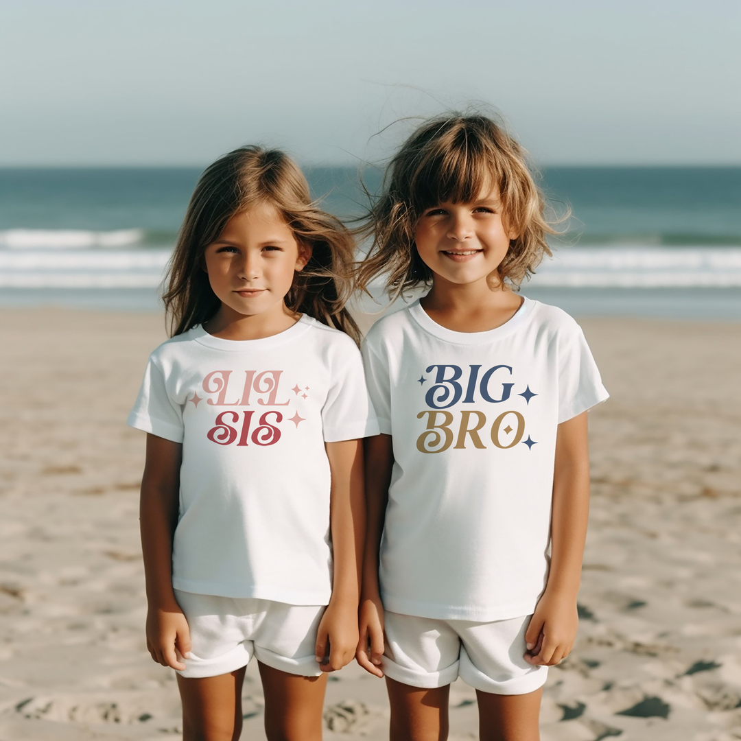 LIL SIS BIG BRO t-shirts matching sibling outfits. Tees for Toddlers and Kids.