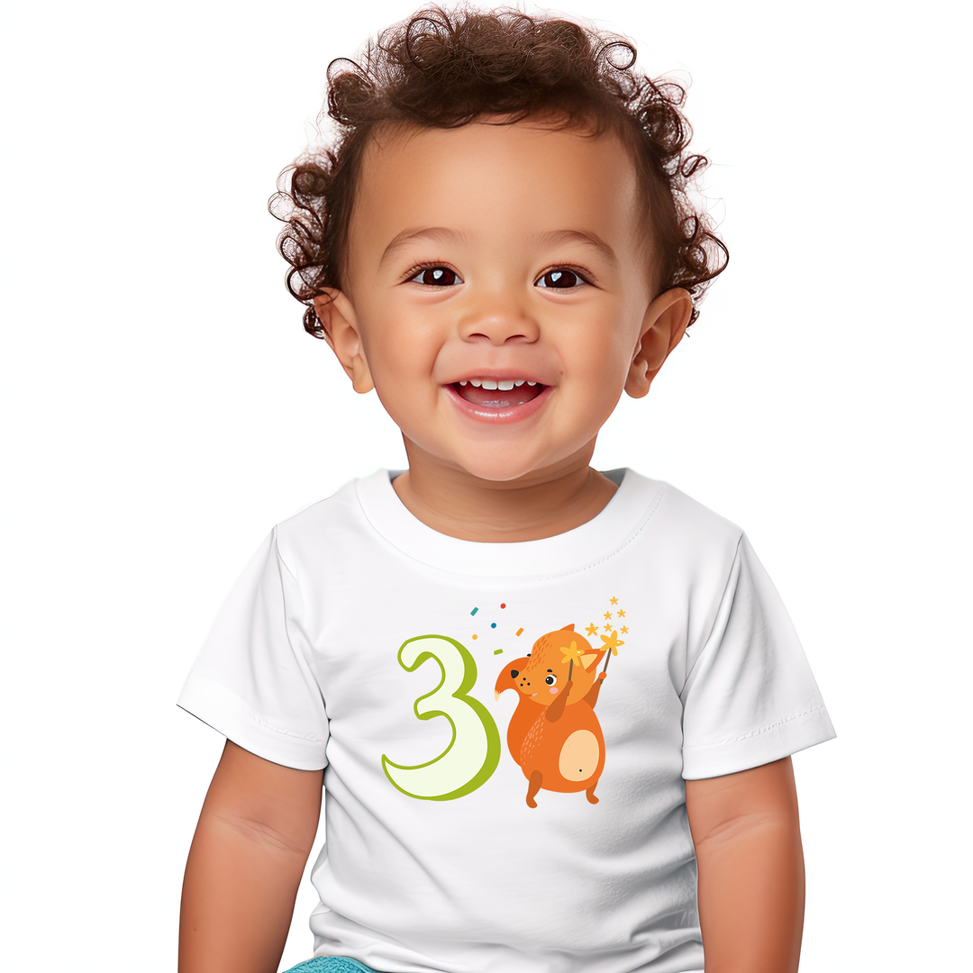 3 Year Birthday Cute Fox Green. Short Sleeve T Shirt For Toddler And Kids. - TeesForToddlersandKids -  t-shirt - birthday - 3-year-birthday-cute-fox-green-short-sleeve-t-shirt-for-toddler-and-kids