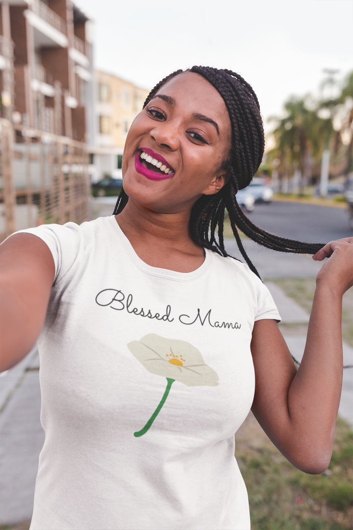 Blessed mama. White flower. Short sleeve t-shirt for mamas. - TeesForToddlersandKids -  t-shirt - MAMA - blessed-mama-white-flower-short-sleeve-t-shirt-for-mamas-1