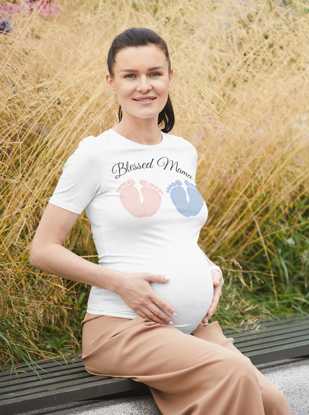 Blessed mama, baby feet pink and blue. Short sleeve t shirt for mama. - TeesForToddlersandKids -  t-shirt - MAMA - blessed-mama-baby-feet-pink-and-blue-short-sleeve-t-shirt-for-mama