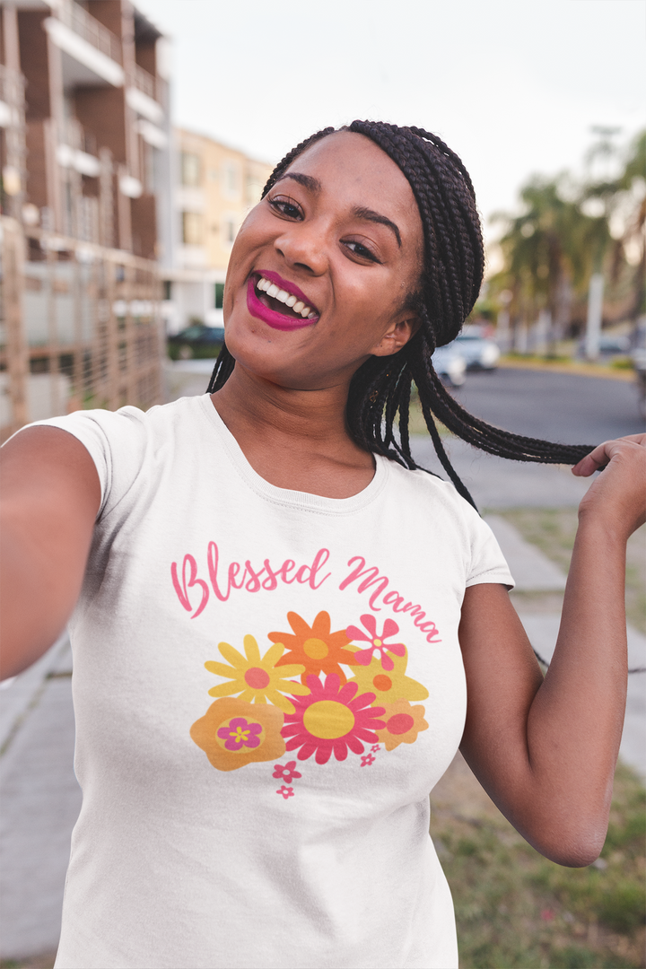 Blessed mama, with orange and pink flowers. Short sleeve t shirt for mamas. - TeesForToddlersandKids -  t-shirt - MAMA - blessed-mama-with-orange-and-pink-flowers