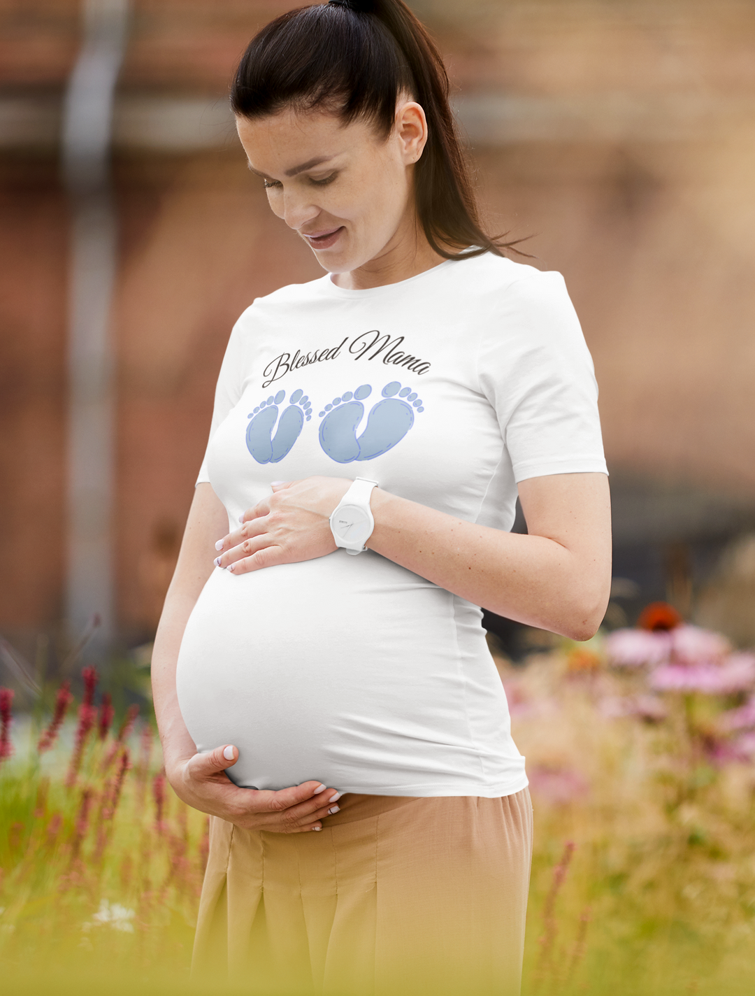 Blessed mama, baby feet twins blue. Short sleeve t shirt for mama. - TeesForToddlersandKids -  t-shirt - MAMA - blessed-mama-baby-feet-twins-blue-short-sleeve-t-shirt-for-mama