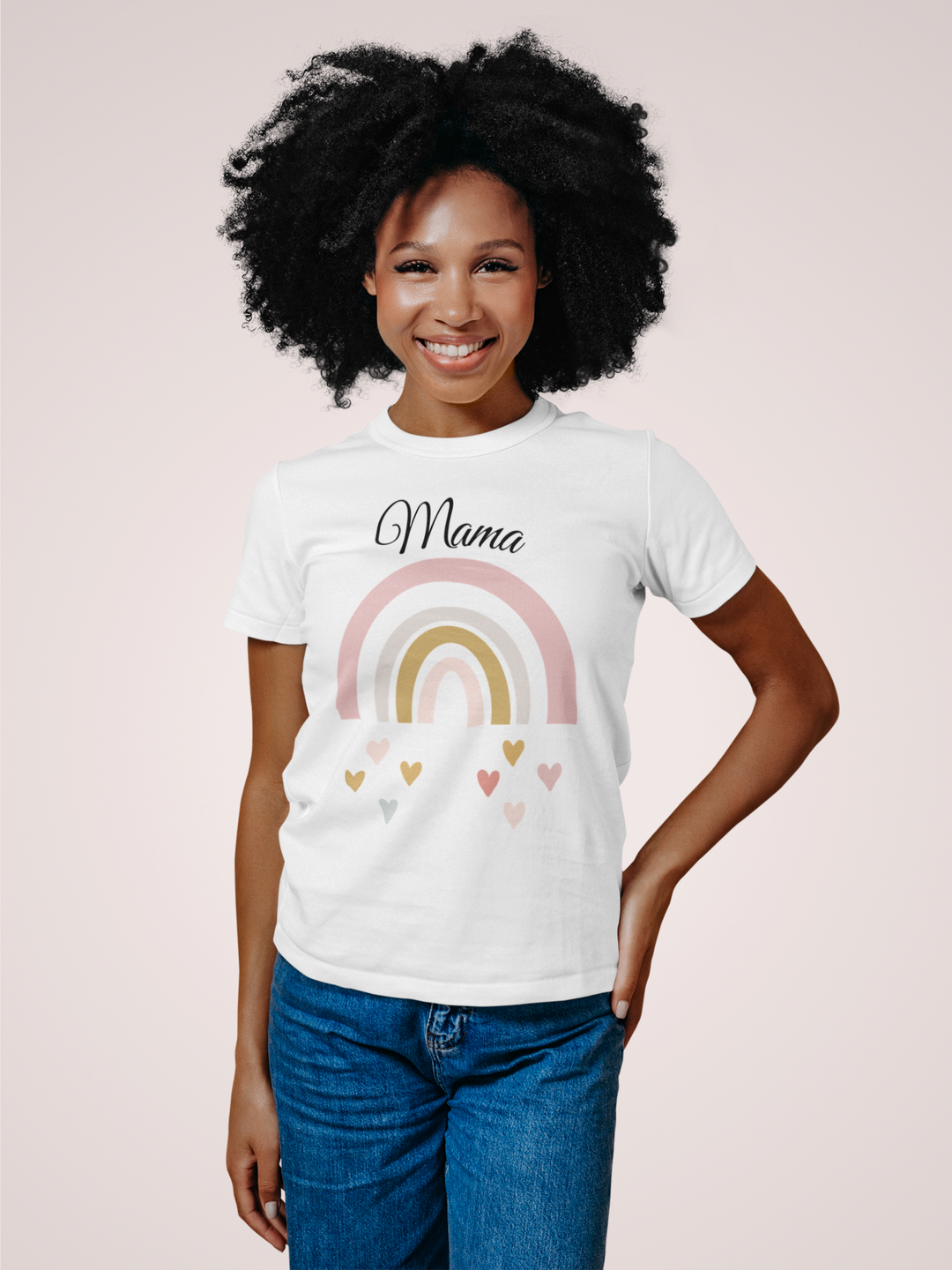 Mama with pink rainbow and hearts. Short sleeve t shirt for mama. - TeesForToddlersandKids -  t-shirt - MAMA - mama-with-pink-rainbow-and-hearts-short-sleeve-t-shirt-for-mama