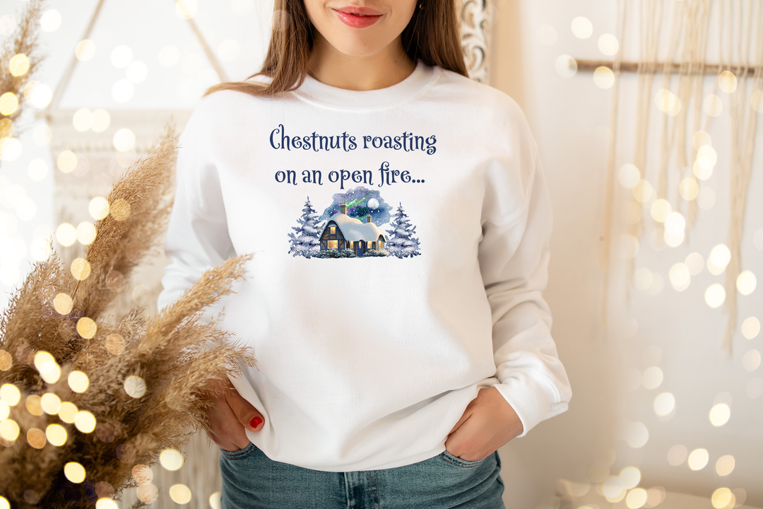 Chestnuts roasting on an open fire. Cozy cottage in a snowy forest. Sweatshirt for mama. - TeesForToddlersandKids -  sweatshirt - christmas, holidays, women - chestnuts-roasting-on-an-open-fire-cozy-cottage-in-a-snowy-forest-sweatshirt-for-mama