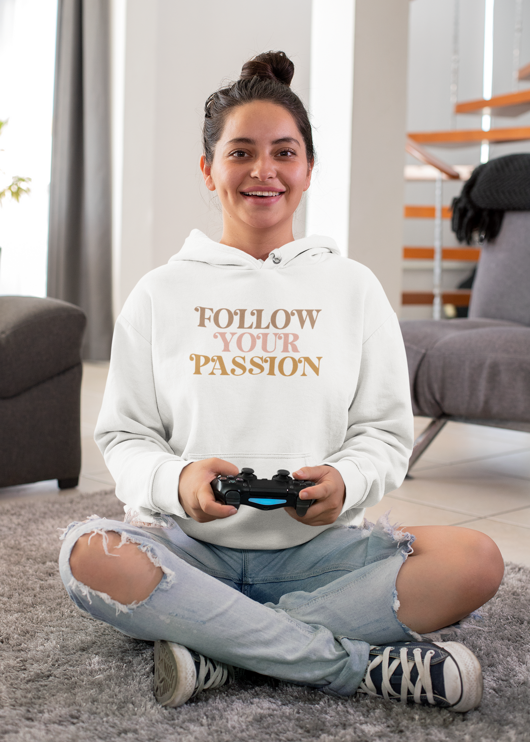 Follow Your Passion In Taupe And Pink. Hoodie for Women - TeesForToddlersandKids -  hoodie - hoodie, mama, women - follow-your-passion-in-taupe-and-pink-hoodie-for-women