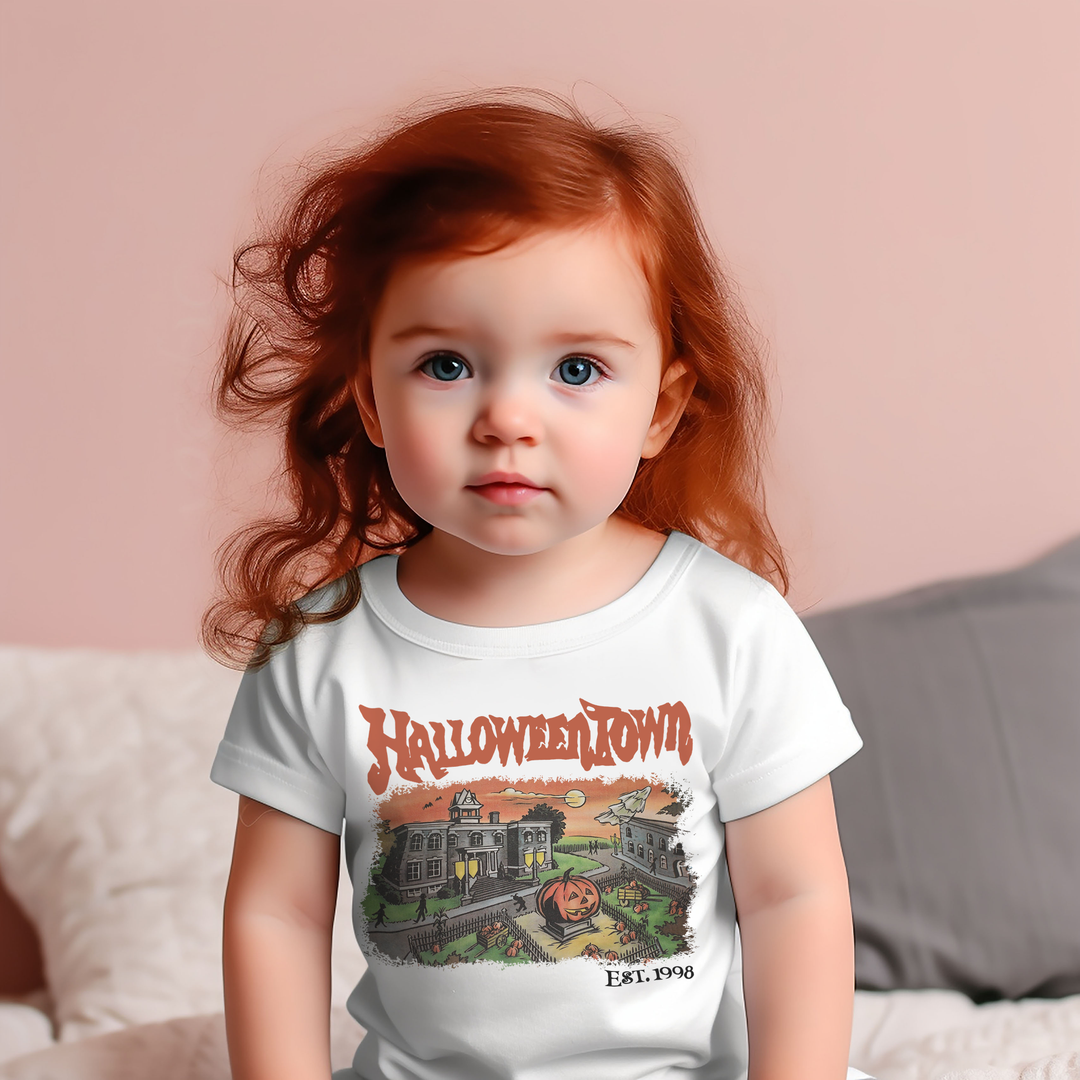 HalloweenTown Est. 1998. Spooky season retro fall shirt for toddlers and kids.