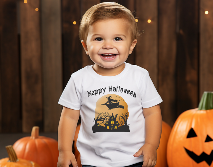 Happy Halloween Flying Witch And Ghost House.          Halloween shirt toddler. Trick or treat shirt for toddlers. Spooky season. Fall shirt kids.