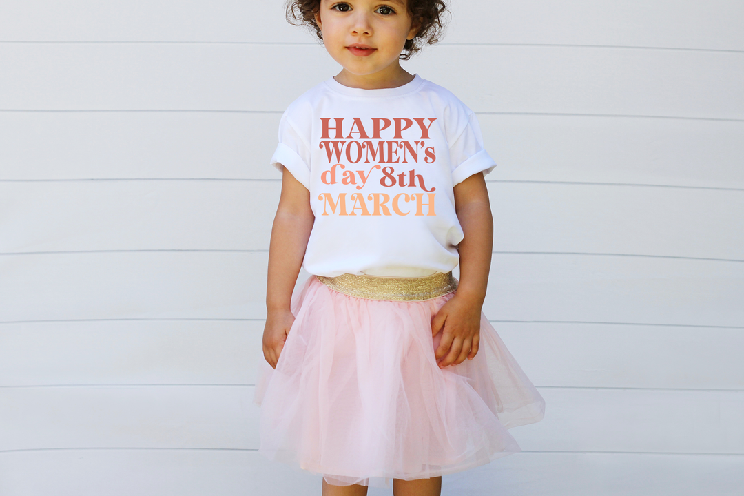 Happy Women's Day 8th March. Girl power t-shirts for Toddlerss and Kids.