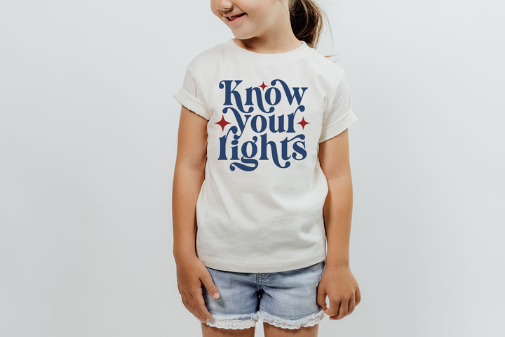 Know Your Rights In Navy With Red Stars. Girl power t-shirts for Toddlers and Kids.