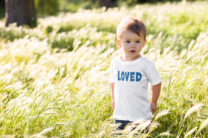 Loved, in Big Blue Letters. Short Sleeve T Shirt For Toddler And Kids. - TeesForToddlersandKids -  t-shirt - holidays, Love - loved-marvin-short-sleeve-t-shirt-for-toddler-and-kids