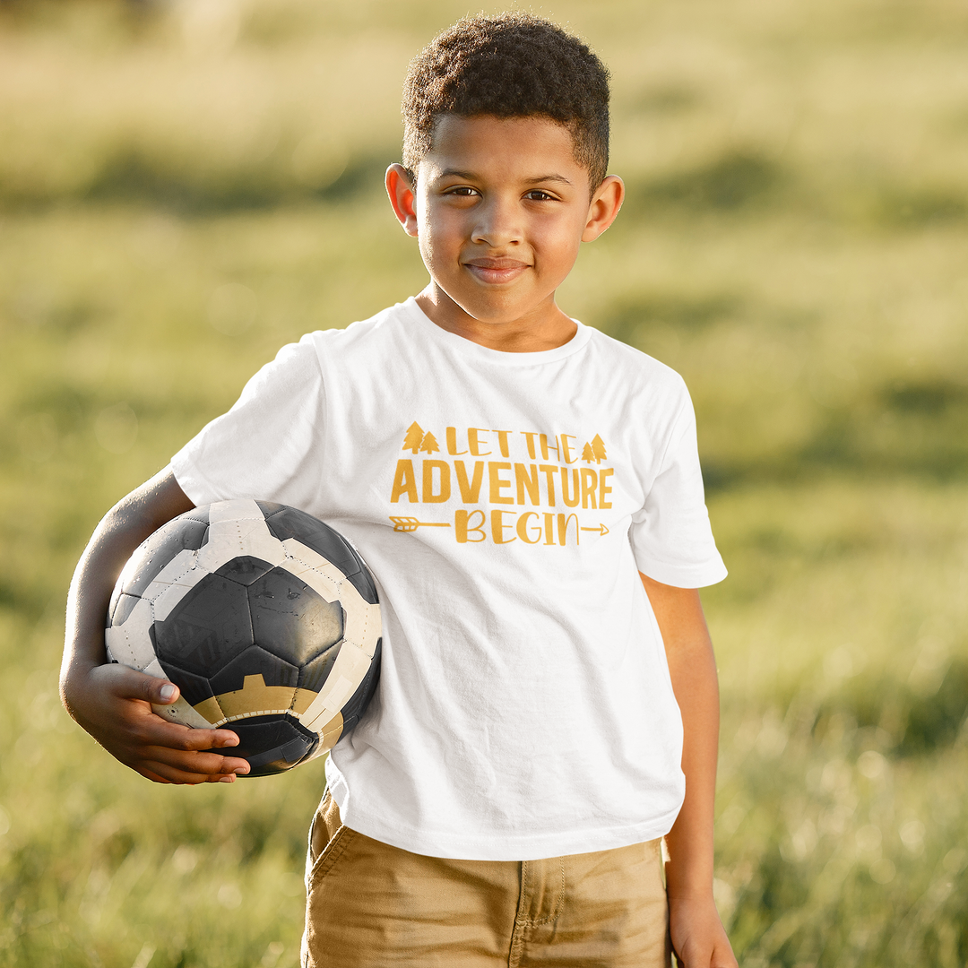 Let The Adventure Begin Yellow. Short Sleeve T Shirt For Toddler And Kids. - TeesForToddlersandKids -  t-shirt - camping - let-the-adventure-begin-yellow-short-sleeve-t-shirt-for-toddler-and-kids
