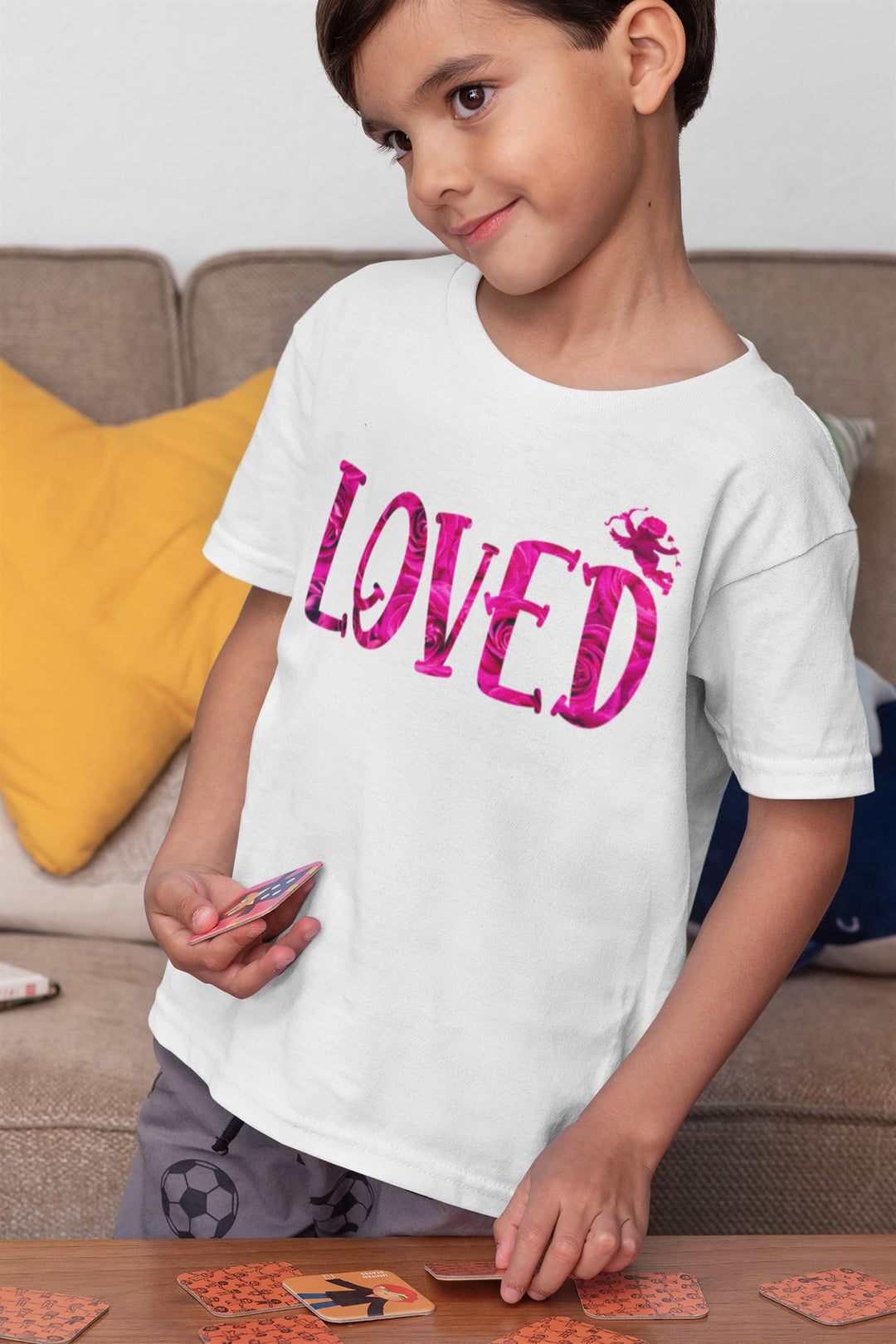 Loved Cupid Pink Roses. Short Sleeve T Shirt For Toddler And Kids. - TeesForToddlersandKids -  t-shirt - holidays, Love - loved-cupid-pink-roses-short-sleeve-t-shirt-for-toddler-and-kids