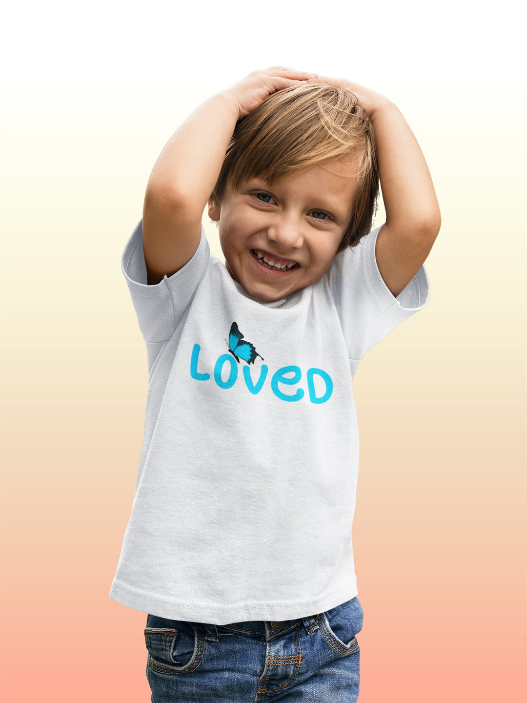 Loved With Blue Butterfly. Short Sleeve T Shirt For Toddler And Kids. - TeesForToddlersandKids -  t-shirt - holidays, Love - loved-with-blue-butterfly-short-sleeve-t-shirt-for-toddler-and-kids