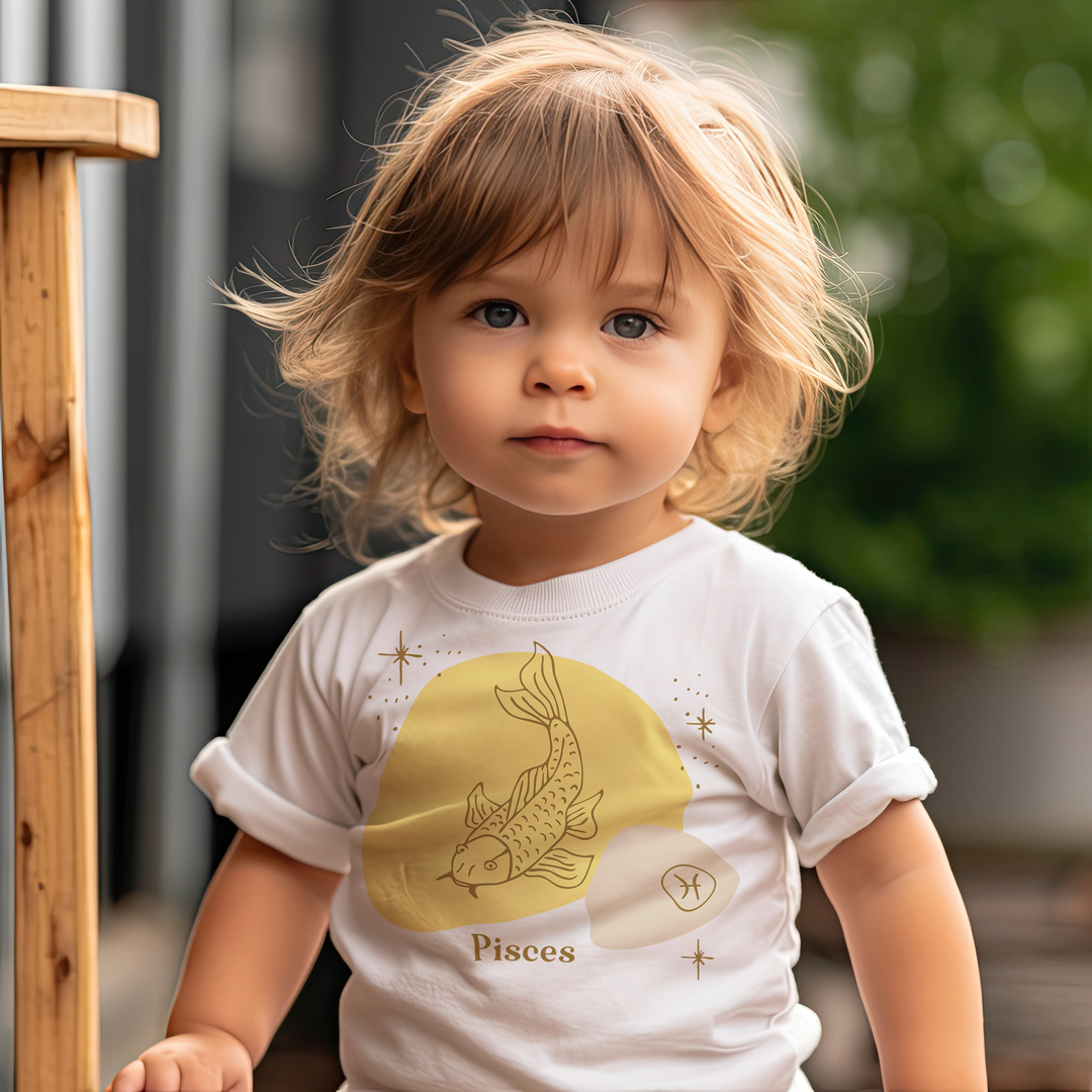 Pisces Yellow. Zodiac sign t-shirts for Toddlers And Kids. - TeesForToddlersandKids -  t-shirt - Pisces shirt for kids birthday, zodiac - pisces-yellow-short-sleeve-t-shirt-for-toddler-and-kids