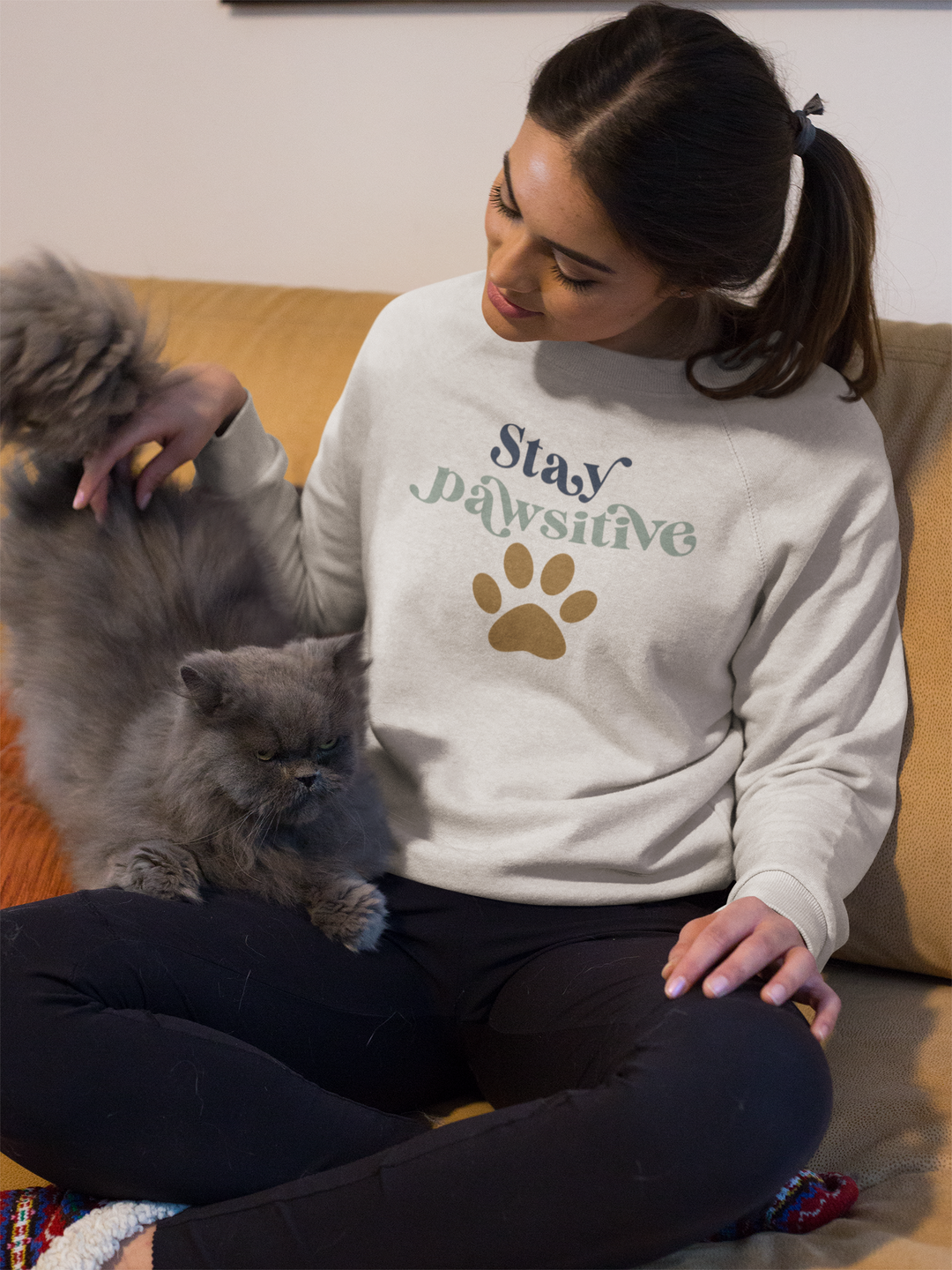 Stay Pawsitive In Blues And Brown. Sweatshirts For Women - TeesForToddlersandKids -  sweatshirt - MAMA, sweatshirt, women - stay-pawsitive-in-blue-and-brown-sweatshirts-for-women