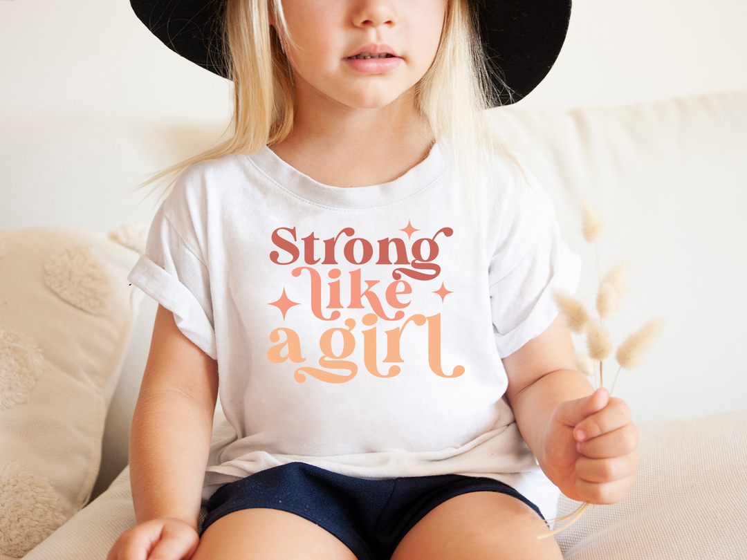 Strong Like A Girl In Pink Hues. Girl power t-shirts for Toddlers and Kids.