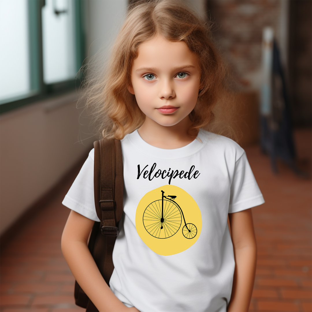 Velocipede in sunflower yellow. T-shirts for toddlers and kids up for a biking adventure. - TeesForToddlersandKids -  t-shirt - biking - velocipede-in-sunflower-yellow-short-sleeve-t-shirt-for-toddler-and-kids-the-biking-series