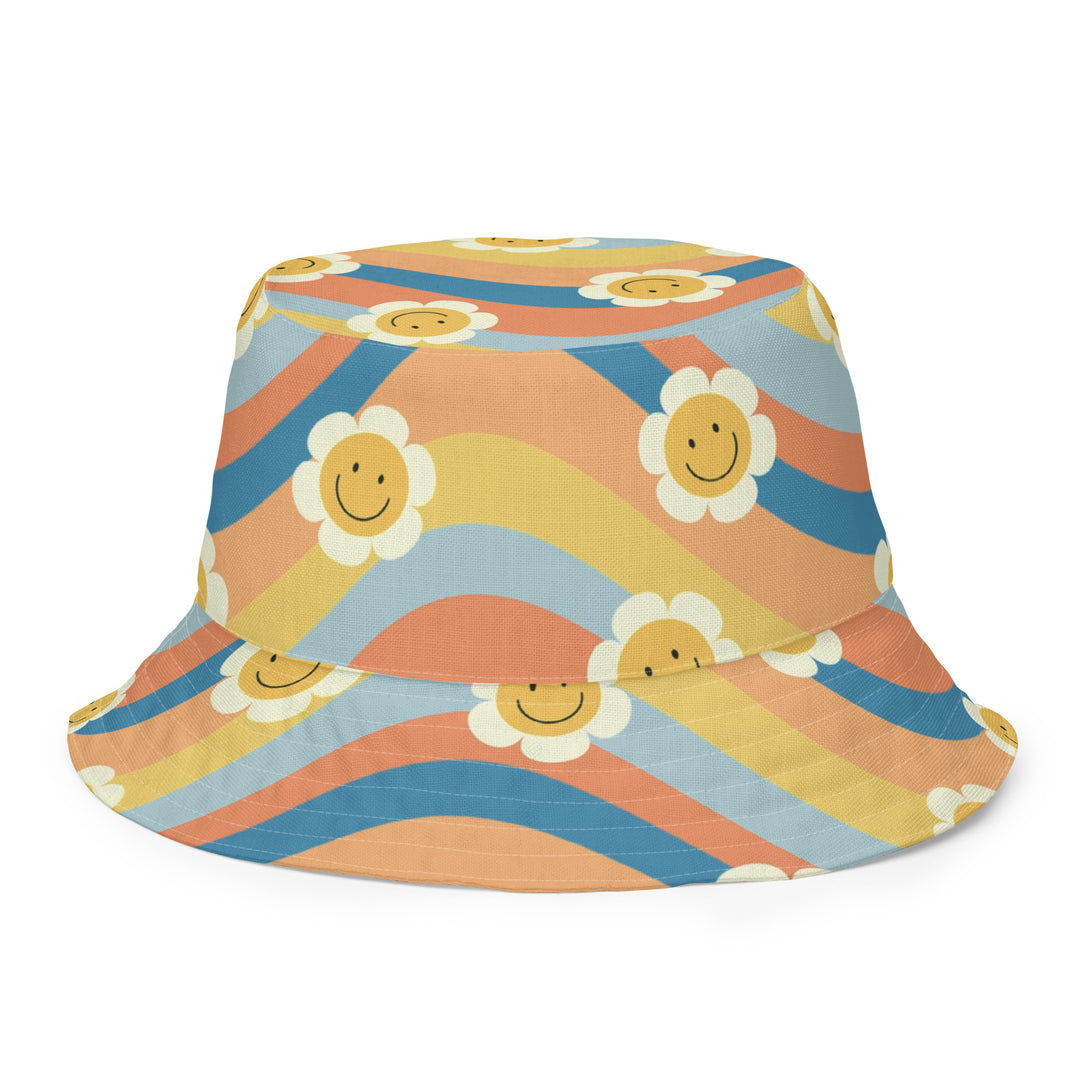 Waves and smiling daisies. Reversible bucket hat - TeesForToddlersandKids -  hat - reversible bucket hat - waves-and-smiling-daisies-reversible-bucket-hat