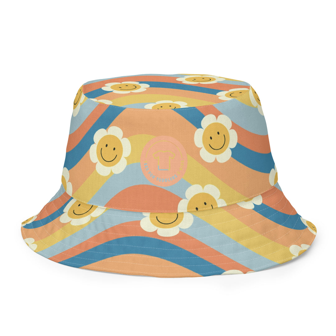 Waves and smiling daisies. Reversible bucket hat - TeesForToddlersandKids -  hat - reversible bucket hat - waves-and-smiling-daisies-reversible-bucket-hat