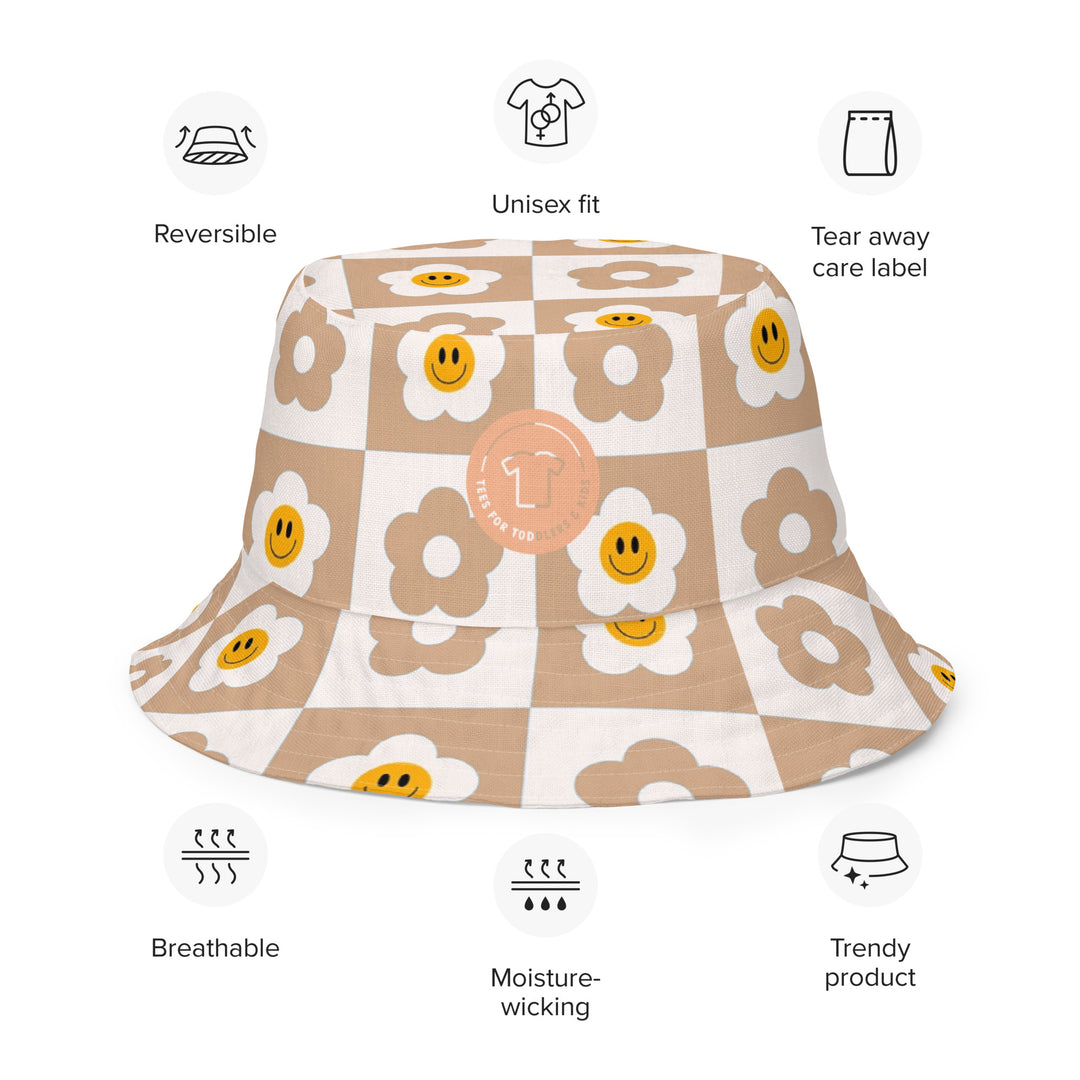 Squares and flowers. Reversible bucket hat - TeesForToddlersandKids -  hat - reversible bucket hat - squares-and-flowers-reversible-bucket-hat