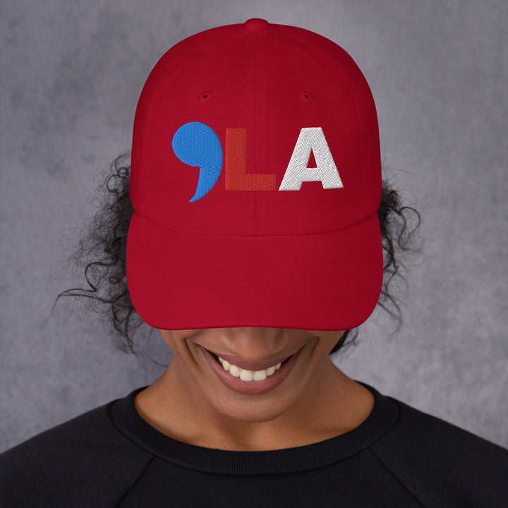 Comma La Embroidered hat in blue, red and white | Comma LA Hat | Kamala cap | Embroidered dad hat | Female president | Black History | Black woman | Kamala Harris merch