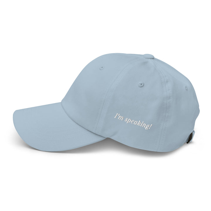 I'm speaking baseball cap in light blue, kamala quote, women in politics, comma la hat