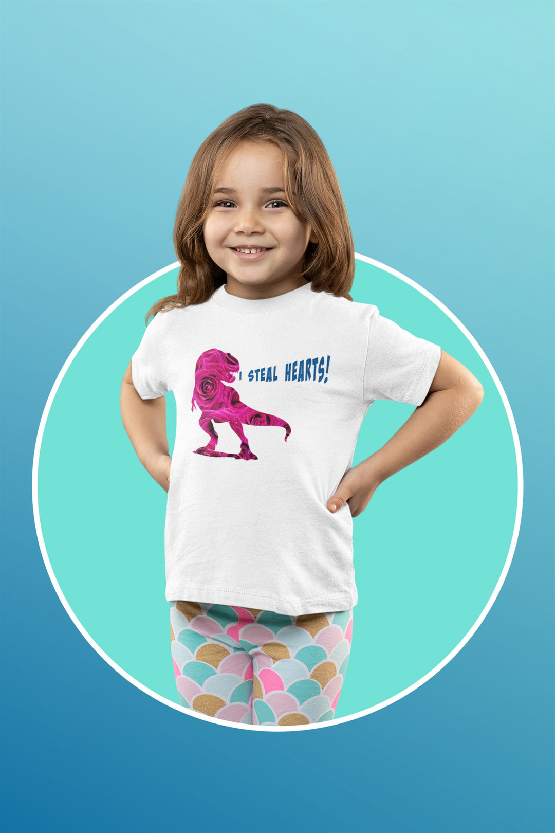 Dinosaur I Steal Hearts Pink Roses. Short Sleeve T Shirt For Toddler And Kids. - TeesForToddlersandKids -  t-shirt - holidays, Love - dinosaur-i-steal-hearts-pink-roses-short-sleeve-t-shirt-for-toddler-and-kids