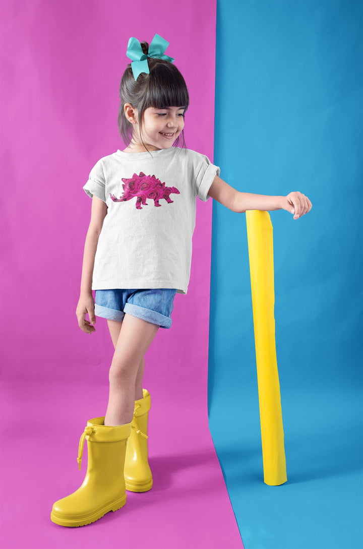 Stegosaurus Pink Roses. Short Sleeve T Shirt For Toddler And Kids. - TeesForToddlersandKids -  t-shirt - holidays, Love - stegosaurus-pink-roses-short-sleeve-t-shirt-for-toddler-and-kids