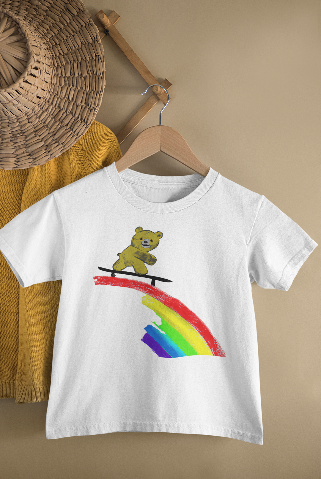 Teddy Riding A Rainbow. Short Sleeve T-shirt for Toddler and Kids - TeesForToddlersandKids -  t-shirt - seasons, summer, surf - a-cute-teddy-bear-riding-a-rainbow-jean-michael-basquiat-style-short-sleeve-t-shirt-for-toddler-and-kids