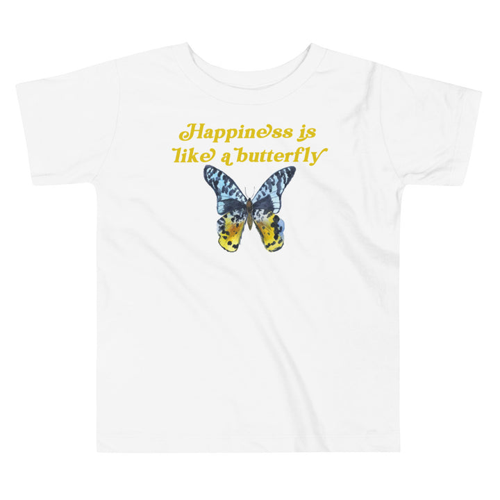Happiness Is Like A Butterfly Yellow Blue. Short Sleeve T Shirt For Toddler And Kids. - TeesForToddlersandKids -  t-shirt - positive - happiness-is-like-a-butterfly-yellow-blue-short-sleeve-t-shirt-for-toddler-and-kids