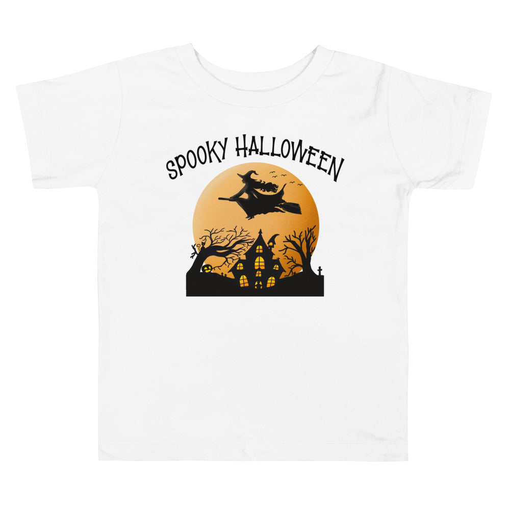 Spooky Halloween Flying Witch And Ghost House.          Halloween shirt toddler. Trick or treat shirt for toddlers. Spooky season. Fall shirt kids.