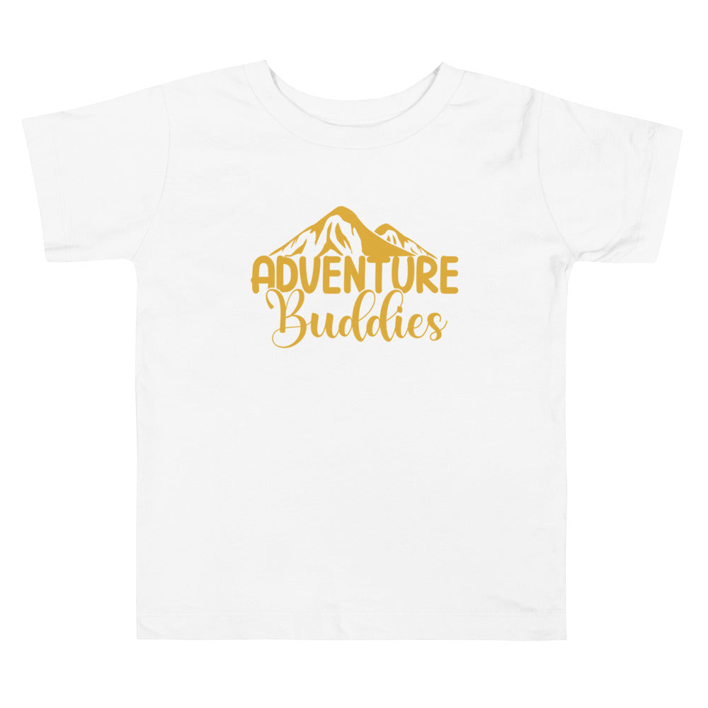 Adventure Buddies Ochre. Short Sleeve T Shirt For Toddler And Kids. - TeesForToddlersandKids -  t-shirt - camping - adventure-buddies-ochre-short-sleeve-t-shirt-for-toddler-and-kids