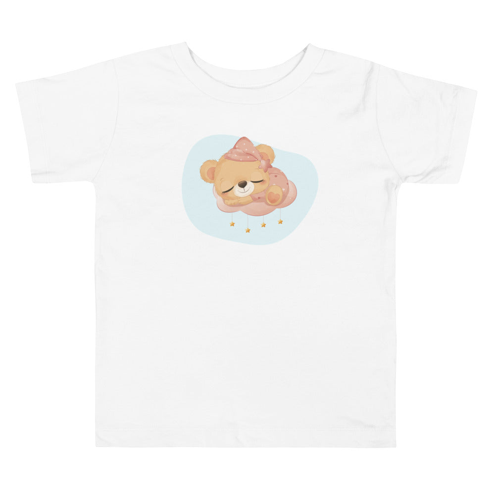 Baby Bear Girl Sleeping On Cloud With Stars. Short Sleeve T-shirt For Toddler And Kids. - TeesForToddlersandKids -  t-shirt - sleep - baby-bear-girl-sleeping-on-cloud-with-stars-short-sleeve-t-shirt-for-toddler-and-kids