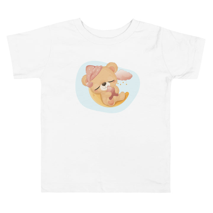 Baby Bear Girl Sleeping On Moon With A Star. Short Sleeve T-shirt For Toddler And Kids. - TeesForToddlersandKids -  t-shirt - sleep - baby-bear-girl-sleeping-on-moon-with-a-star-short-sleeve-t-shirt-for-toddler-and-kids