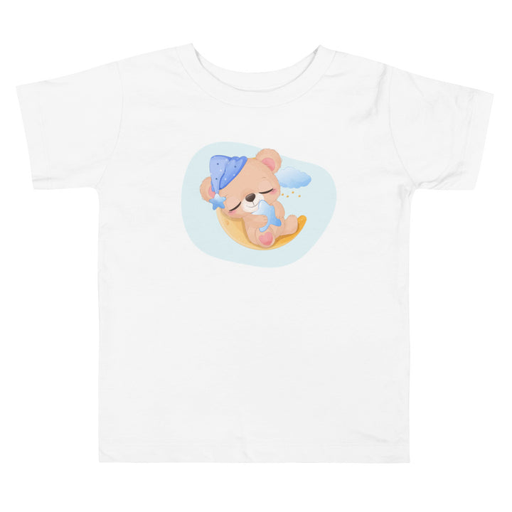 Baby Bear Sleep On Moon With Blue Star. Short Sleeve T-shirt For Toddler And Kids. - TeesForToddlersandKids -  t-shirt - sleep - baby-bear-sleep-on-moon-with-blue-star-short-sleeve-t-shirt-for-toddler-and-kids