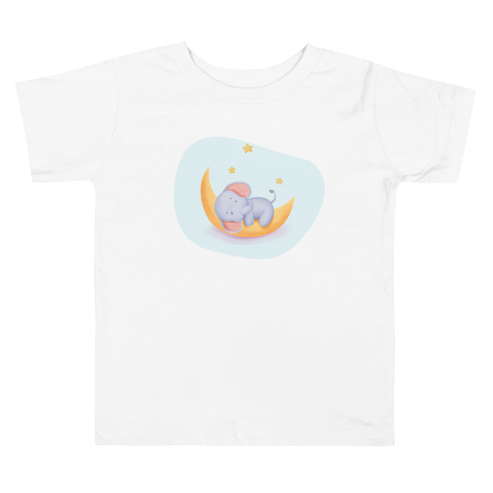Baby Elephant Sleep On Moon. Short Sleeve T-shirt For Toddler And Kids. - TeesForToddlersandKids -  t-shirt - sleep - baby-elephant-sleep-on-moon-short-sleeve-t-shirt-for-toddler-and-kids