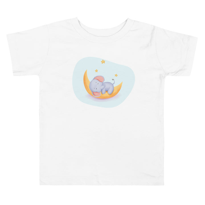 Baby Elephant Sleep On Moon. Short Sleeve T-shirt For Toddler And Kids. - TeesForToddlersandKids -  t-shirt - sleep - baby-elephant-sleep-on-moon-short-sleeve-t-shirt-for-toddler-and-kids