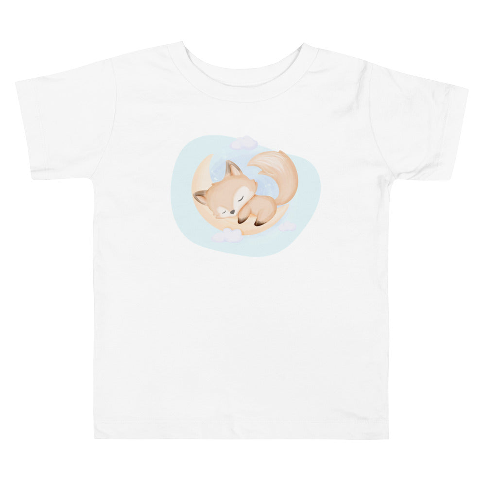 Baby Fox Sleep On Moon. Short Sleeve T-shirt For Toddler And Kids. - TeesForToddlersandKids -  t-shirt - sleep - baby-fox-sleep-on-moon-short-sleeve-t-shirt-for-toddler-and-kids