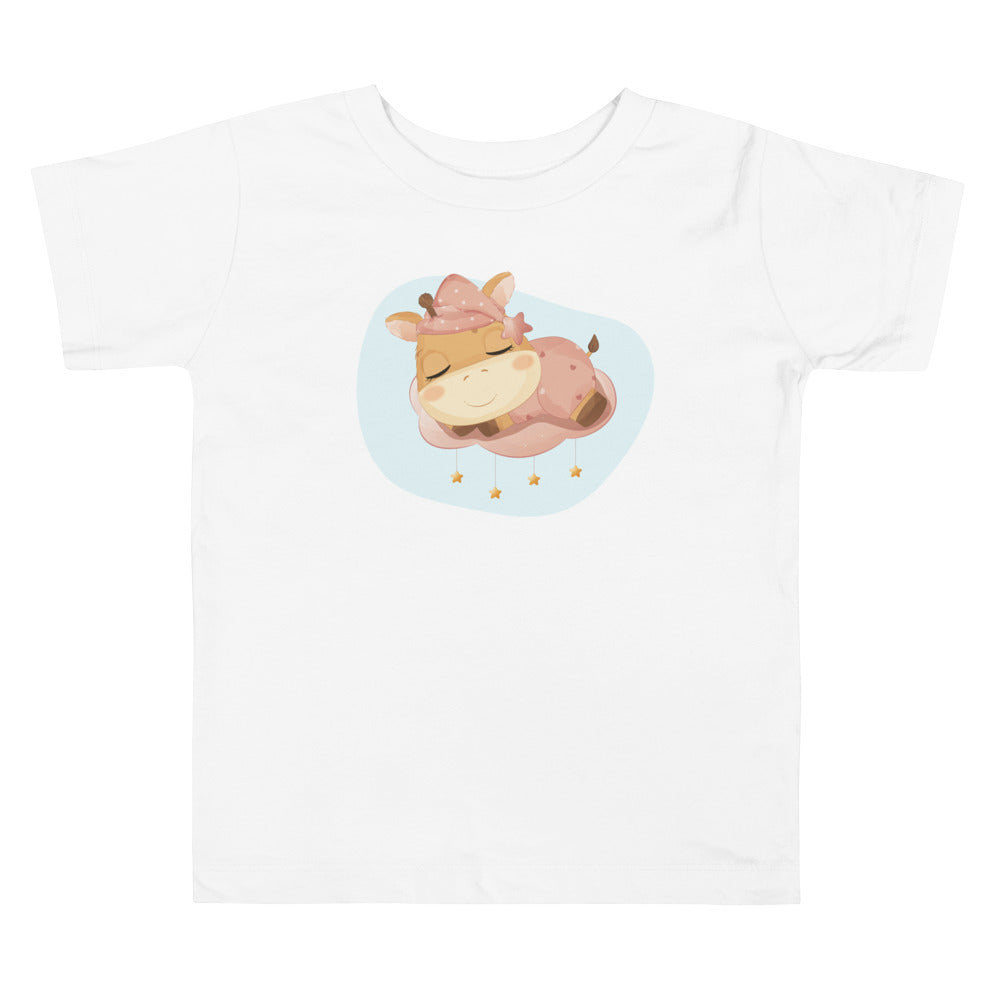 Baby Giraffe Girl Sleeping On Cloud With Stars. Short Sleeve T-shirt For Toddler And Kids. - TeesForToddlersandKids -  t-shirt - sleep - baby-giraffe-girl-sleeping-on-cloud-with-stars-short-sleeve-t-shirt-for-toddler-and-kids