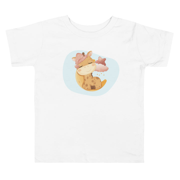 Baby Giraffe Girl Sleeping On Moon With Stars. Short Sleeve T-shirt For Toddler And Kids. - TeesForToddlersandKids -  t-shirt - sleep - baby-giraffe-girl-sleeping-on-moon-with-stars-short-sleeve-t-shirt-for-toddler-and-kids