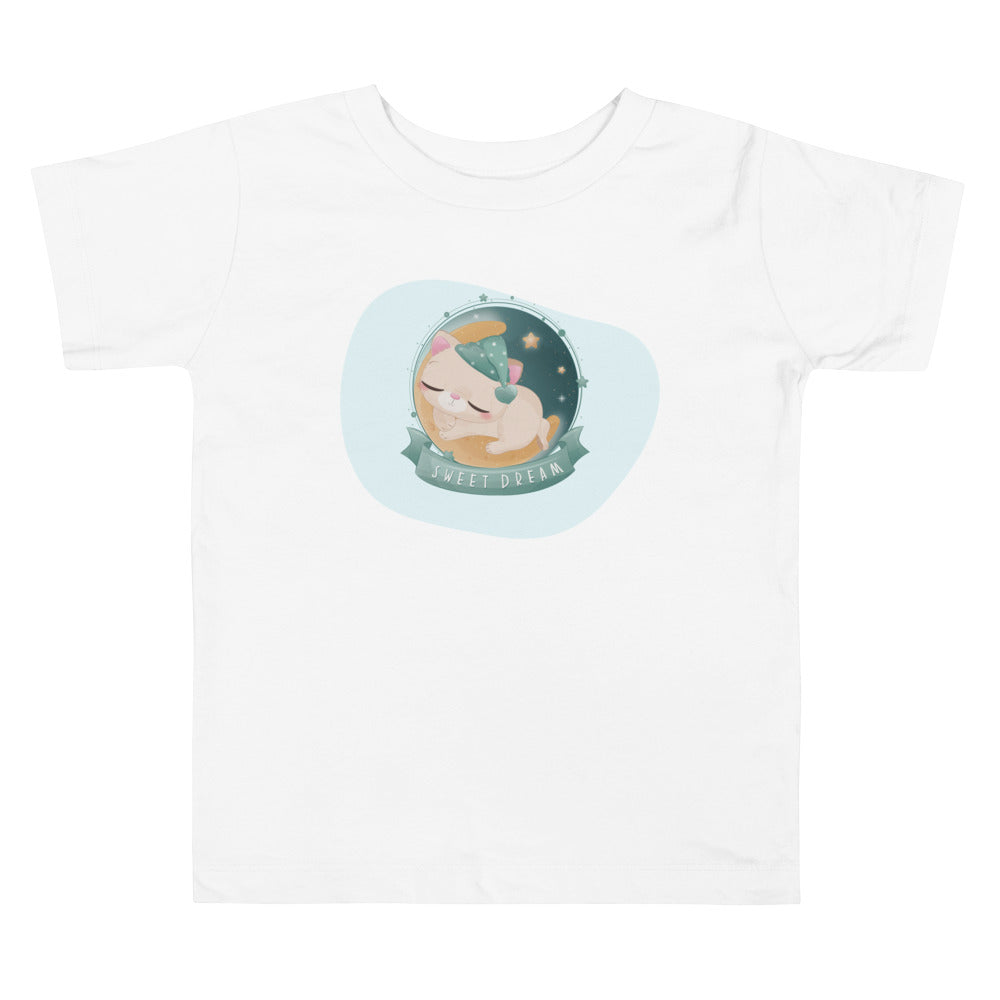 Kitten Sleeping On Moon Sweet Dreams. Short Sleeve T-shirt For Toddler And Kids. - TeesForToddlersandKids -  t-shirt - sleep - kitten-sleeping-on-moon-sweet-dreams-short-sleeve-t-shirt-for-toddler-and-kids