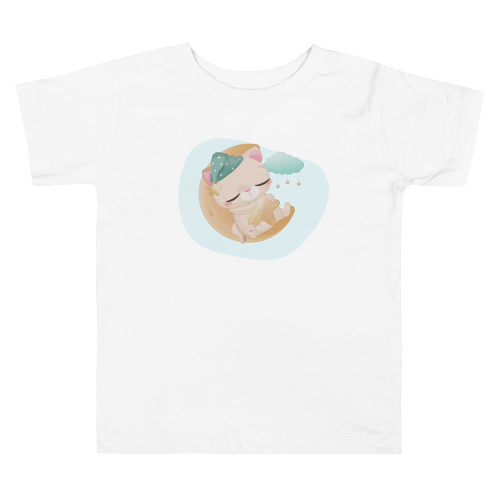 Kitten Sleeping On Moon With Star. Short Sleeve T-shirt For Toddler And Kids. - TeesForToddlersandKids -  t-shirt - sleep - kitten-sleeping-on-moon-with-star-short-sleeve-t-shirt-for-toddler-and-kids