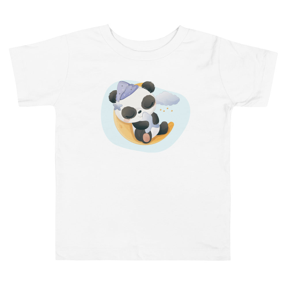 Panda Sleeping On Moon With Stars. Short Sleeve T-shirt For Toddler And Kids. - TeesForToddlersandKids -  t-shirt - sleep - panda-sleeping-on-moon-with-stars-short-sleeve-t-shirt-for-toddler-and-kids