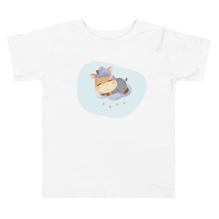 Sleeping Giraffe Boy On Cloud With Stars. Short Sleeve T-shirt For Toddler And Kids. - TeesForToddlersandKids -  t-shirt - sleep - sleeping-giraffe-boy-on-clound-with-stars-short-sleeve-t-shirt-for-toddler-and-kids