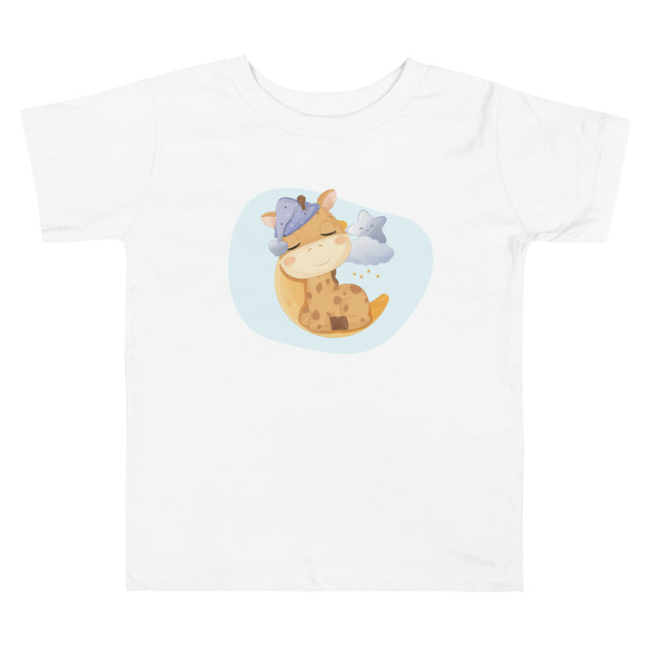 Sleeping Giraffe Boy On Moon. Short Sleeve T-shirt For Toddler And Kids. - TeesForToddlersandKids -  t-shirt - sleep - sleeping-giraffe-boy-on-moon-short-sleeve-t-shirt-for-toddler-and-kids