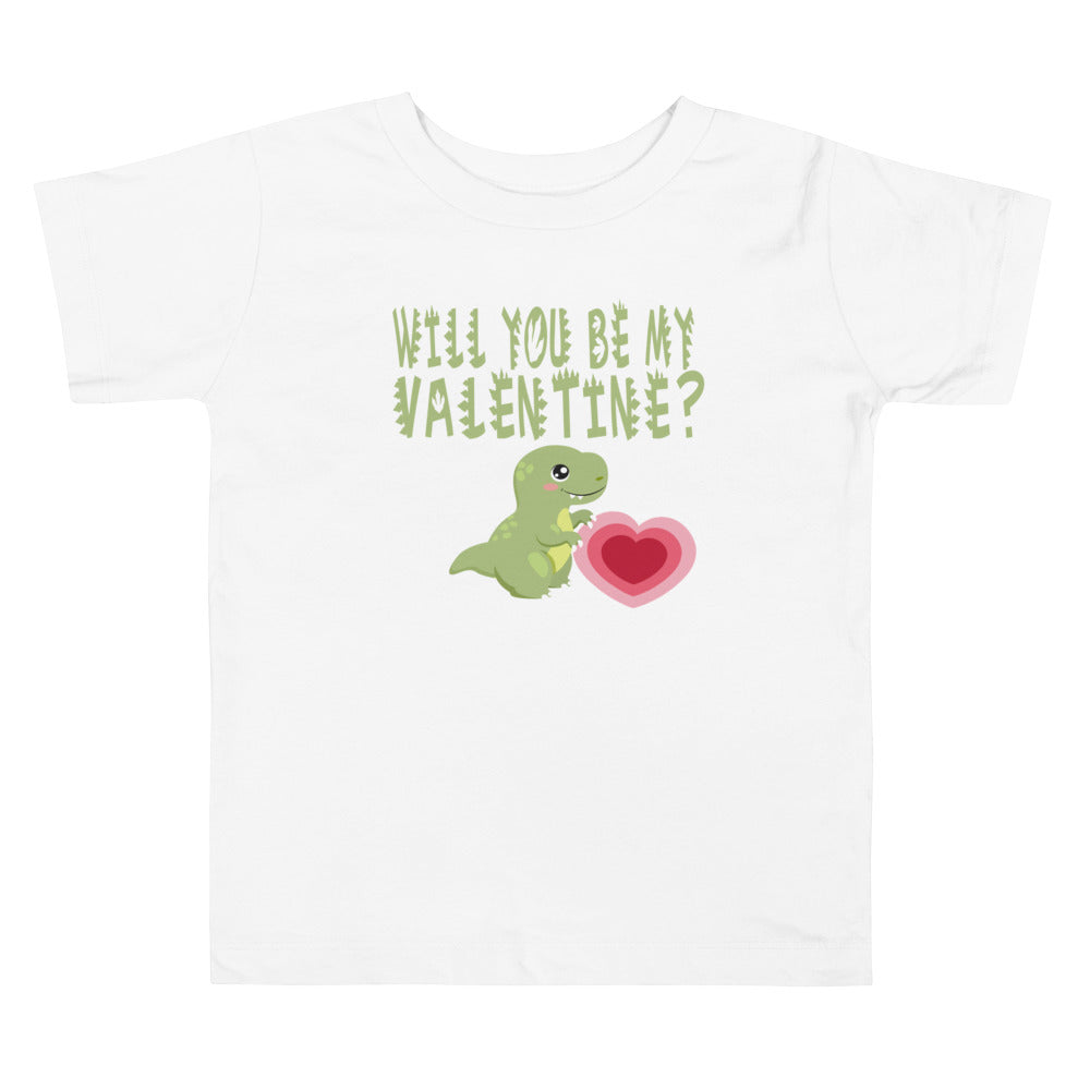 Dino Will You Be My Valentine. Short Sleeve T Shirt For Toddler And Kids. - TeesForToddlersandKids -  t-shirt - holidays, Love - dino-will-you-be-my-valentine-short-sleeve-t-shirt-for-toddler-and-kids