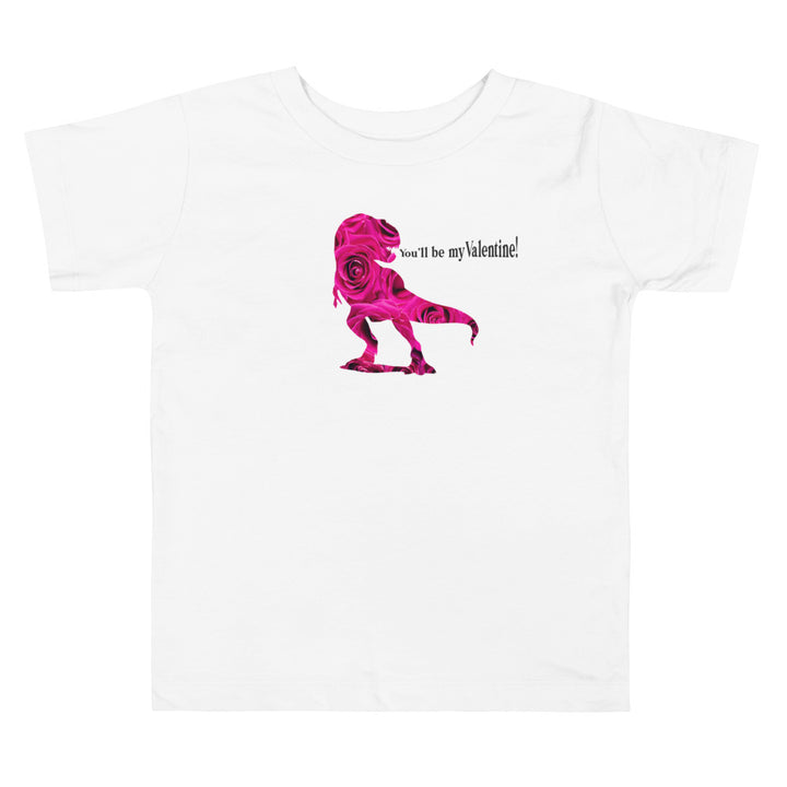 Dinosaur You'll Be My Valentine Pink Roses. Short Sleeve T Shirt For Toddler And Kids. - TeesForToddlersandKids -  t-shirt - holidays, Love - dinosaur-youll-be-my-valentine-pink-roses-short-sleeve-t-shirt-for-toddler-and-kids