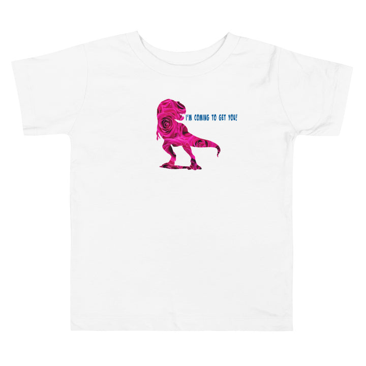 Dinosaur Coming To Get You Pink Roses. Short Sleeve T Shirt For Toddler And Kids. - TeesForToddlersandKids -  t-shirt - holidays, Love - dinosaur-coming-to-get-you-pink-roses-short-sleeve-t-shirt-for-toddler-and-kid
