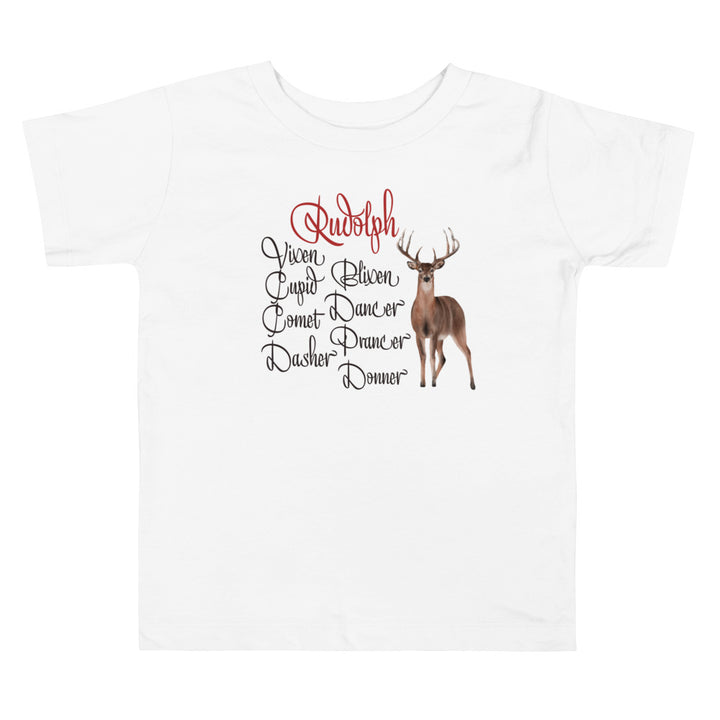 Reindeernames With Reindeer. Short Sleeve T Shirts For Toddlers And Kids. - TeesForToddlersandKids -  t-shirt - christmas, holidays - reindeernames-with-reindeer-short-sleeve-t-shirts-for-toddlers-and-kids