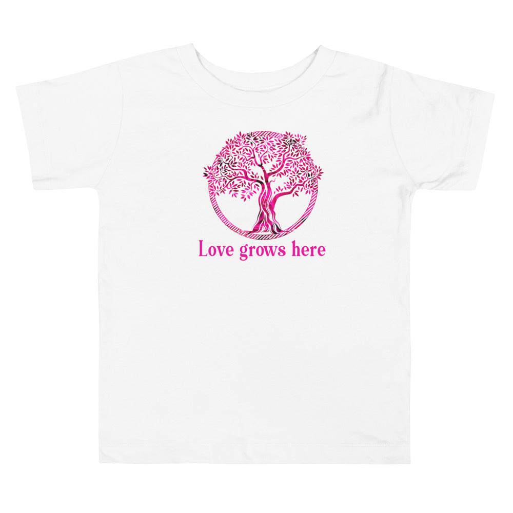 Love Grows Here Very Pink Circle Tree Pink Roses. Short Sleeve T Shirt For Toddler And Kids. - TeesForToddlersandKids -  t-shirt - holidays, Love - love-growns-here-very-pink-circle-tree-pink-roses-short-sleeve-t-shirt-for-toddler-and-kids